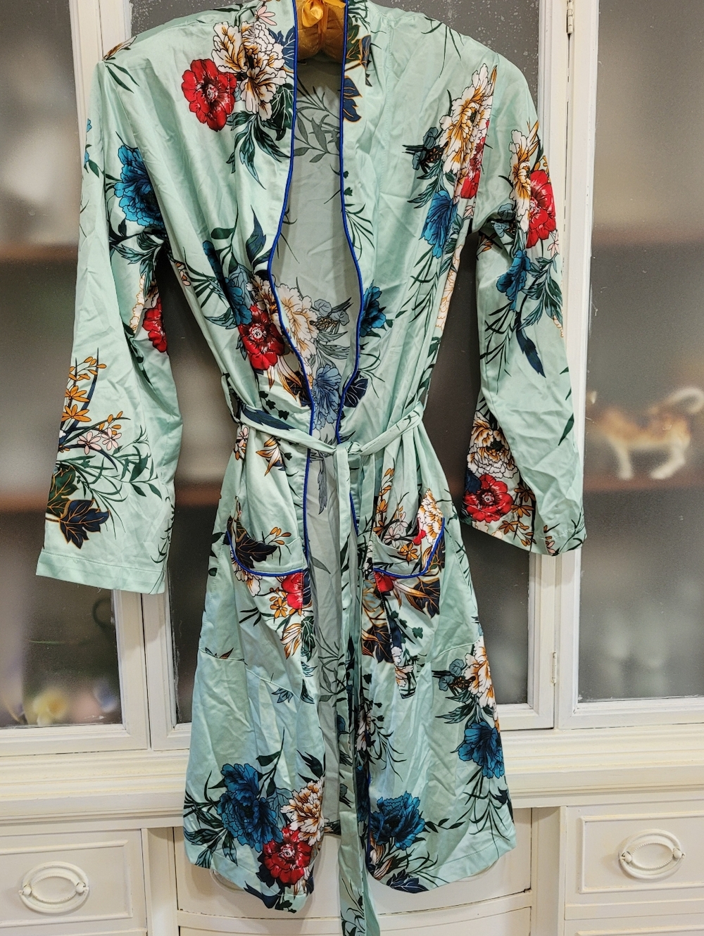 iris Mint Floral Satin Robe with Red, Blue & Cream Blooms Small